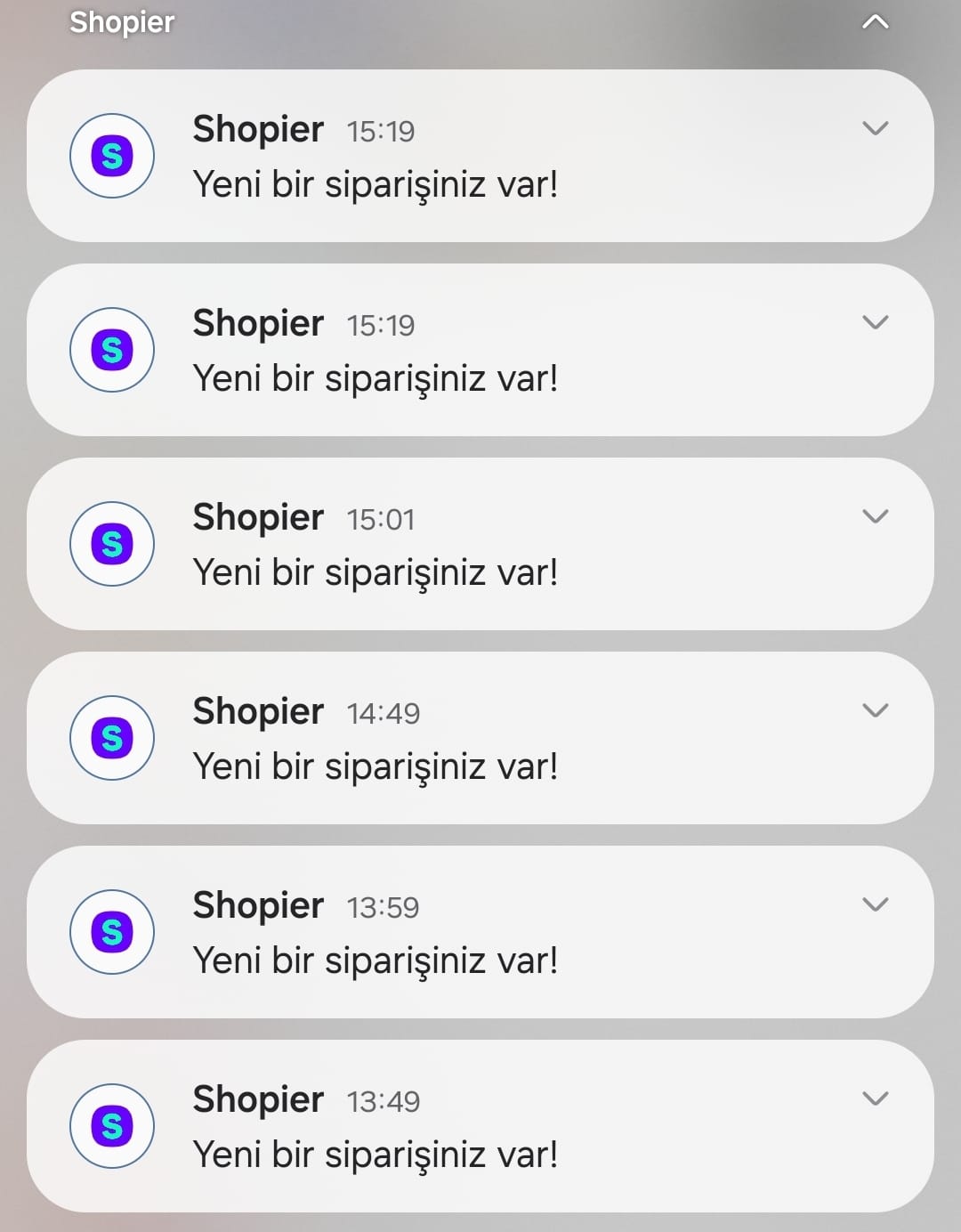 Gelen sipariş bildirimi ekran görüntüsü