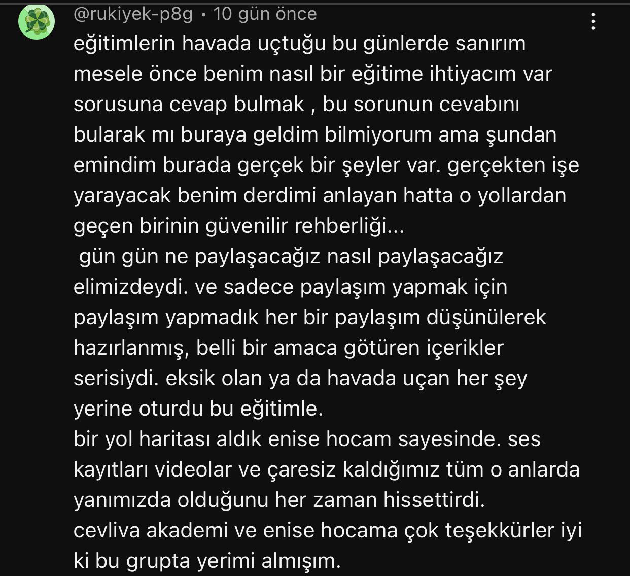 Danışan teşekkür mesajı ekran görüntüsü