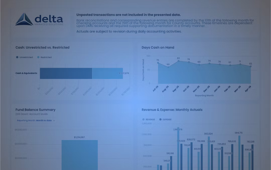 The Delta InSights dashboard showing days cash on hand, fund balance, and revenue against expenses