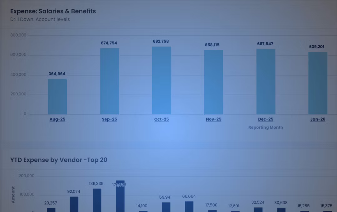 Delta InSights expense drill-down showing salaries and benefits by month and year-to-date expense by vendor
