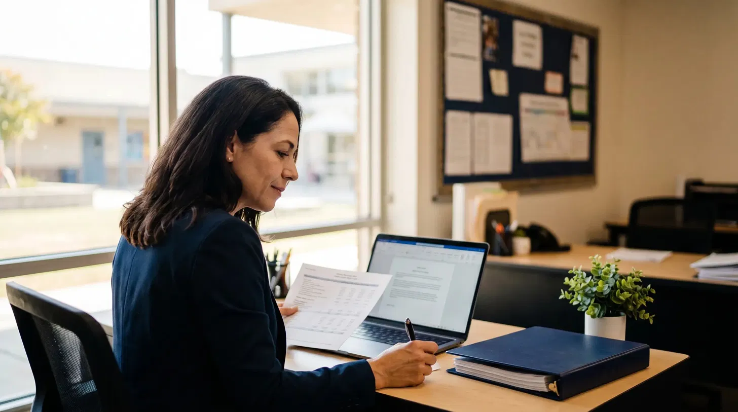 A California charter school director working calmly at her laptop in a sunlit school office