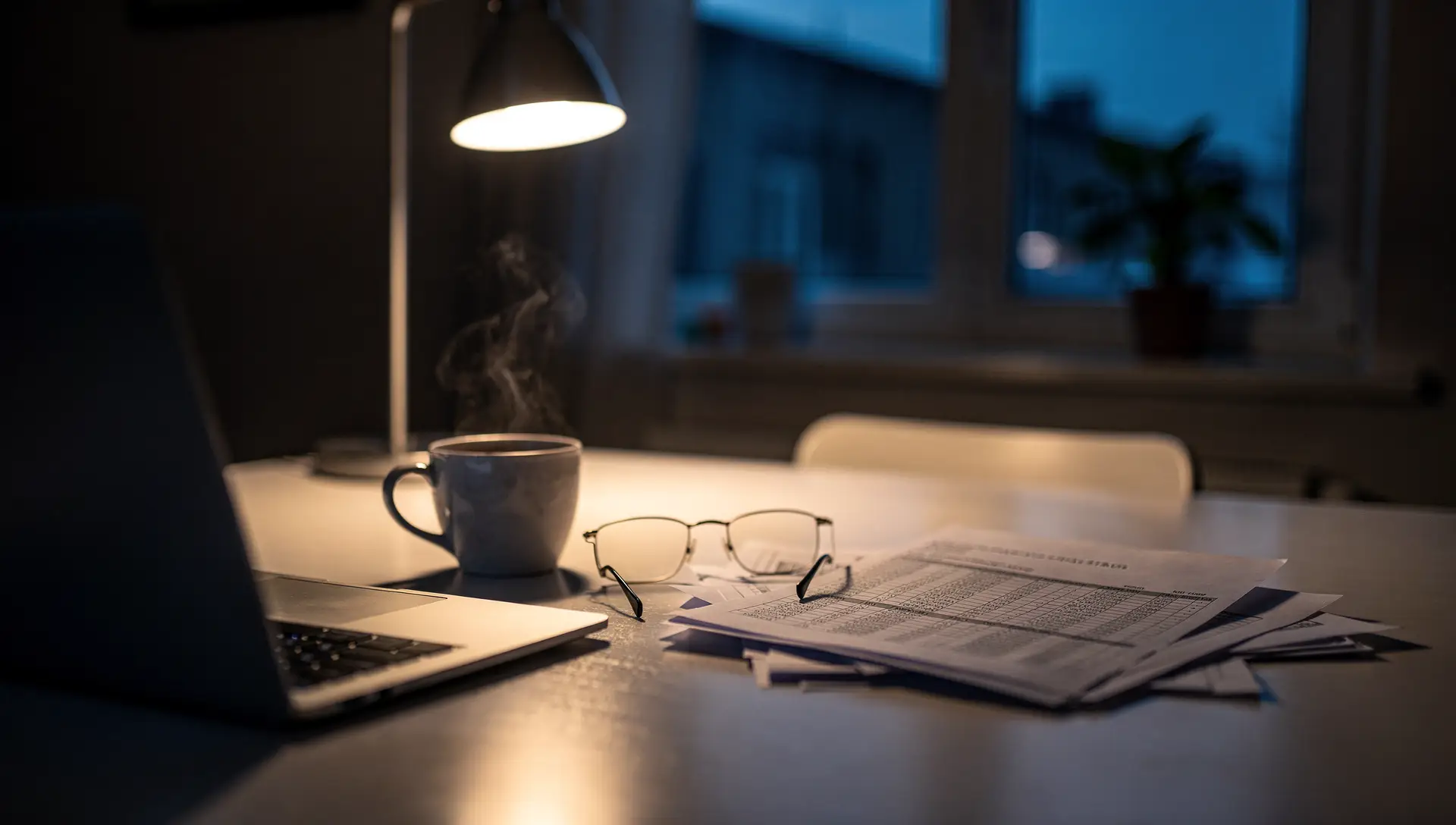 A desk lamp lighting a quiet office at night, a coffee gone cold beside stacks of unfinished reports