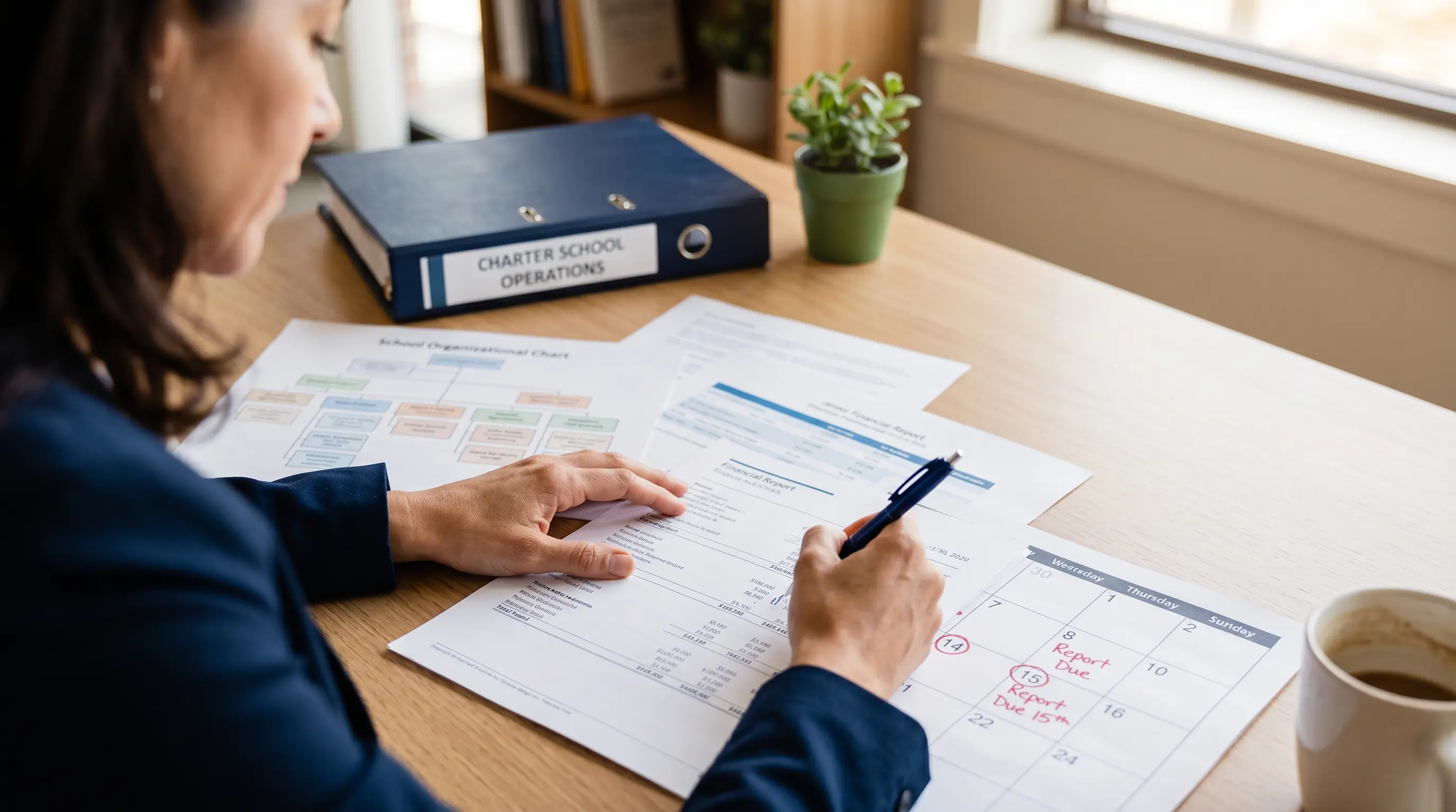 A Delta specialist reviewing a California charter school&rsquo;s financial reports at her desk