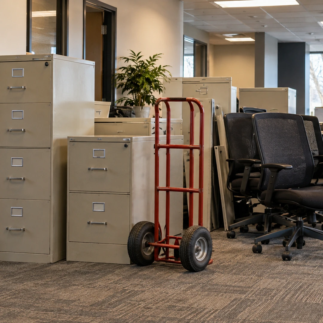 Trash Troopers commercial cleanout crew removing office furniture from an Elgin property