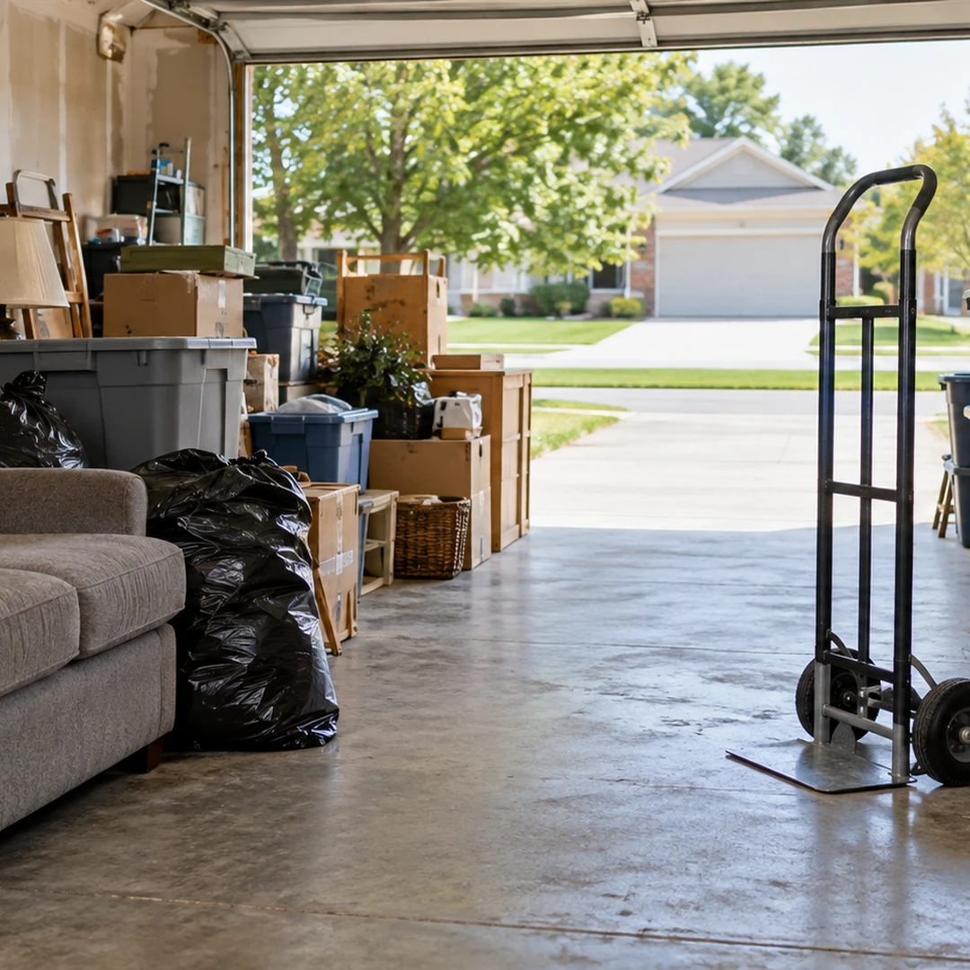 Cluttered garage with household items awaiting removal.