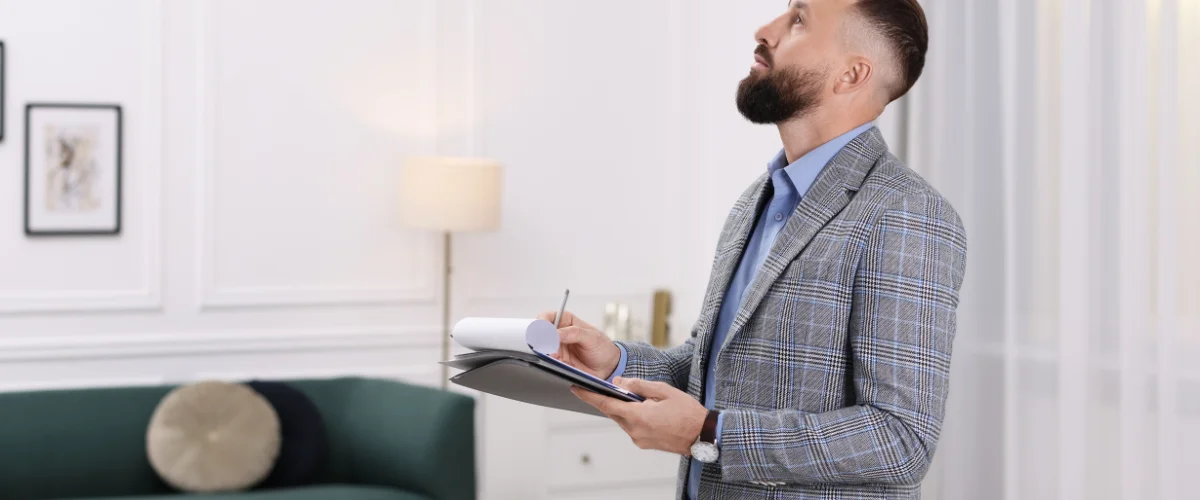 A bearded man in a plaid blazer inspects a room's ceiling, holding a clipboard and pen to take notes.
