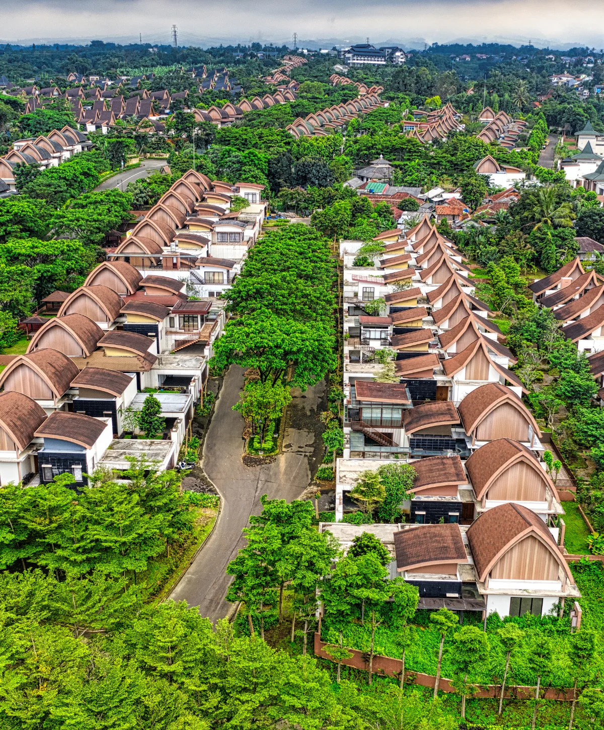 An aerial view of a residential area with unique houses featuring curved, brown roofs nestled among lush green trees.