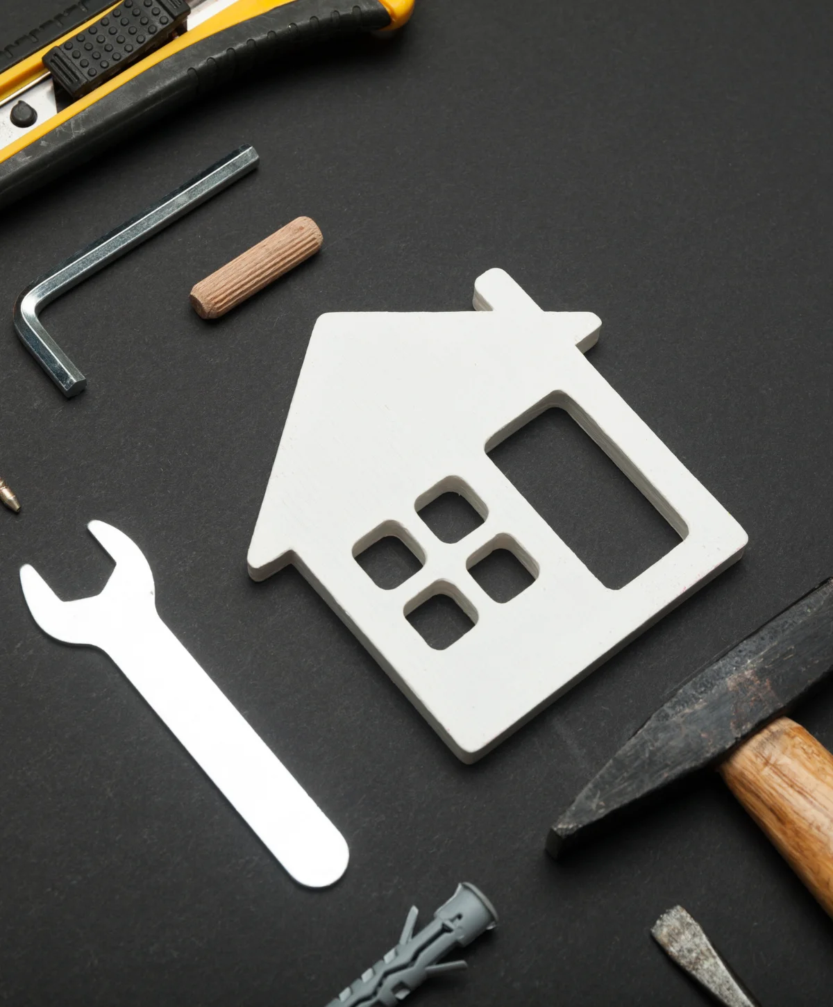A white house cutout surrounded by various home repair tools including a hammer, wrench, and utility knife on a dark background.