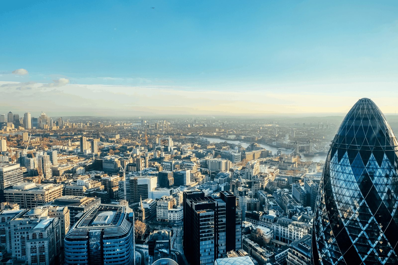Aerial view over the City of London skyline