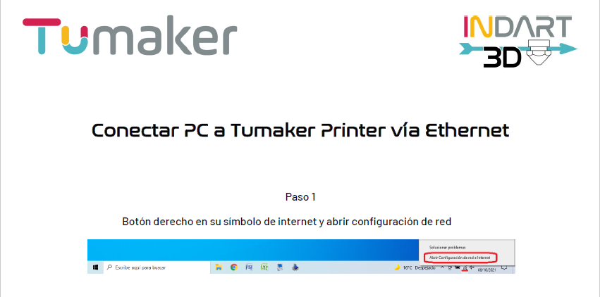 Connect PC to Tumaker printer via Ethernet cable - Step 1