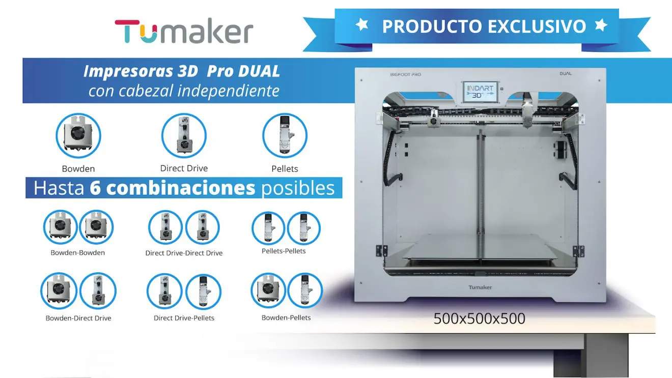 Ya están aquí las impresoras TUMAKER con doble cabezal independiente. Hasta 6 combinaciones posibles