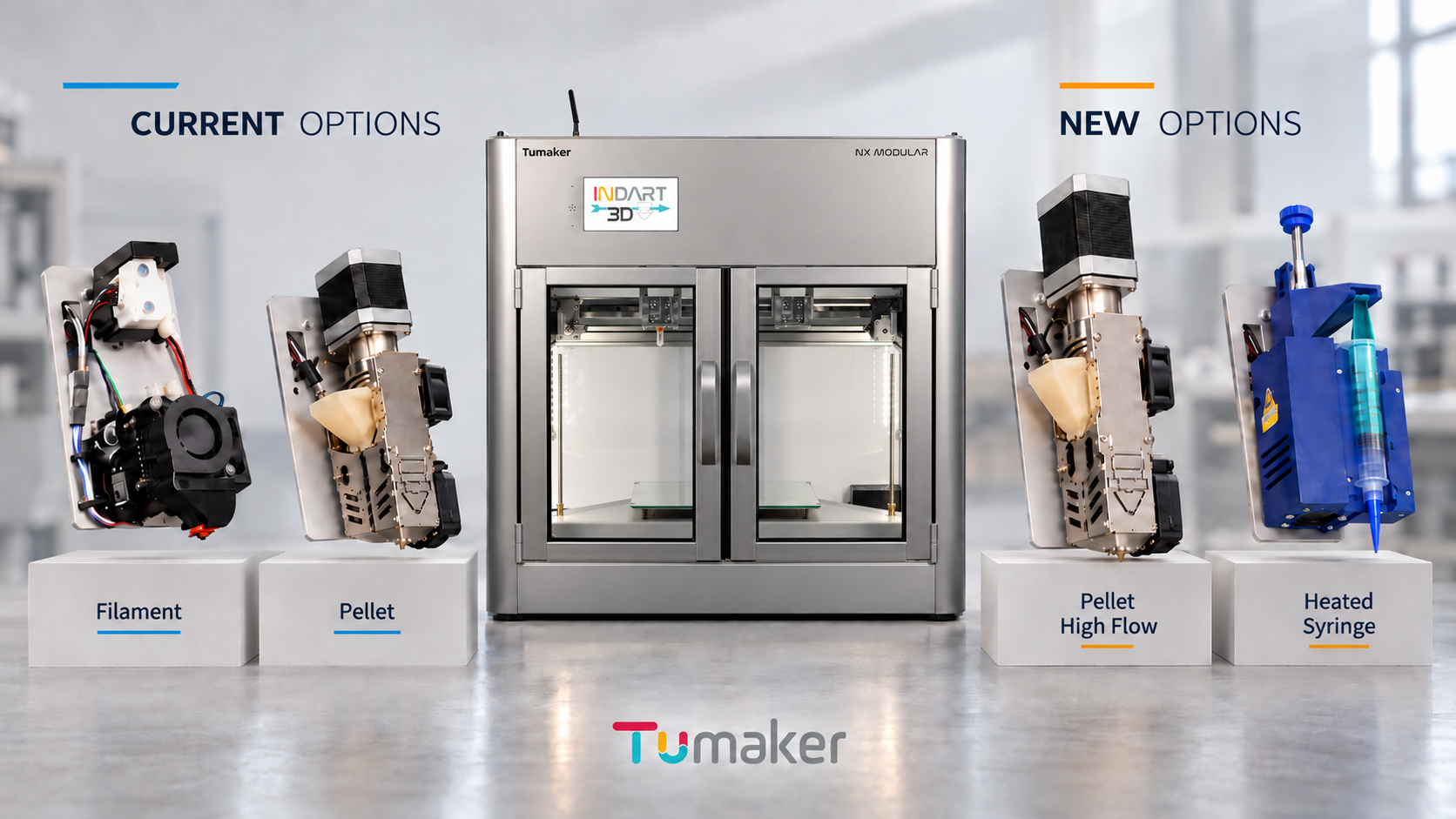 Impresora 3D modular Tumaker NX con cabezales de filamento, pellet, pellet de alto flujo y jeringa calefactada Impresora 3D modular Tumaker NX con cabezales de filamento, pellet, pellet de alto flujo y jeringa calefactada
