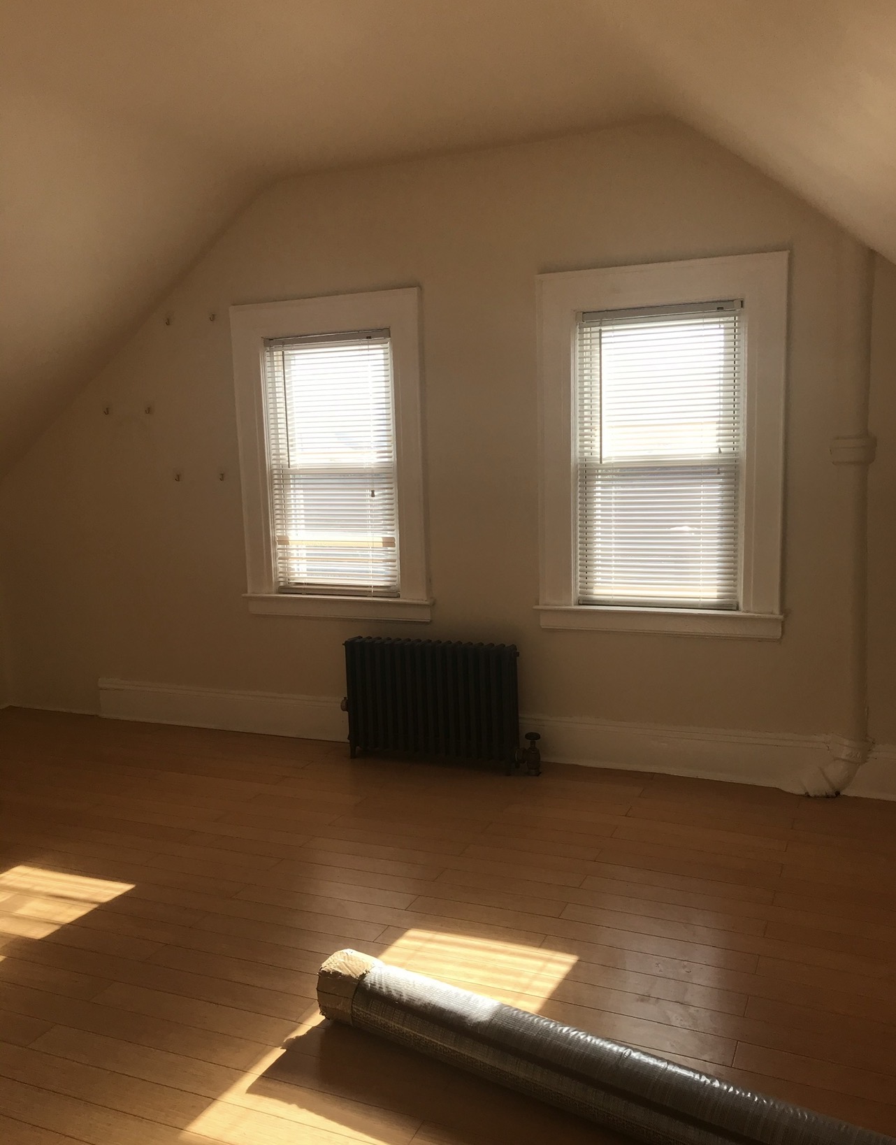 Finished room — slanted ceiling, hardwood floors