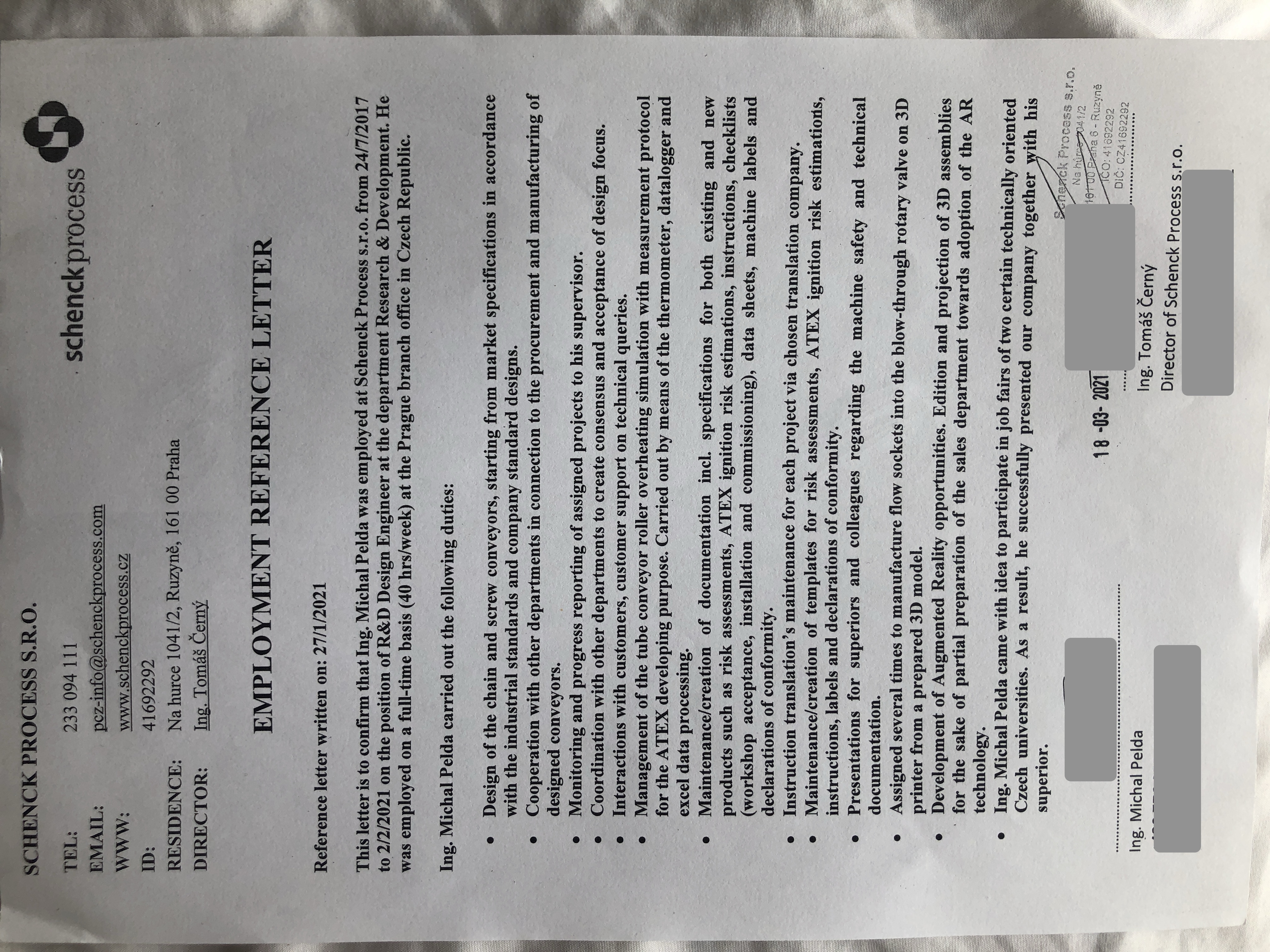 Employment reference letter for Ing. Michal Pelda from Schenck Process signed by director Ing. Tomáš Černý