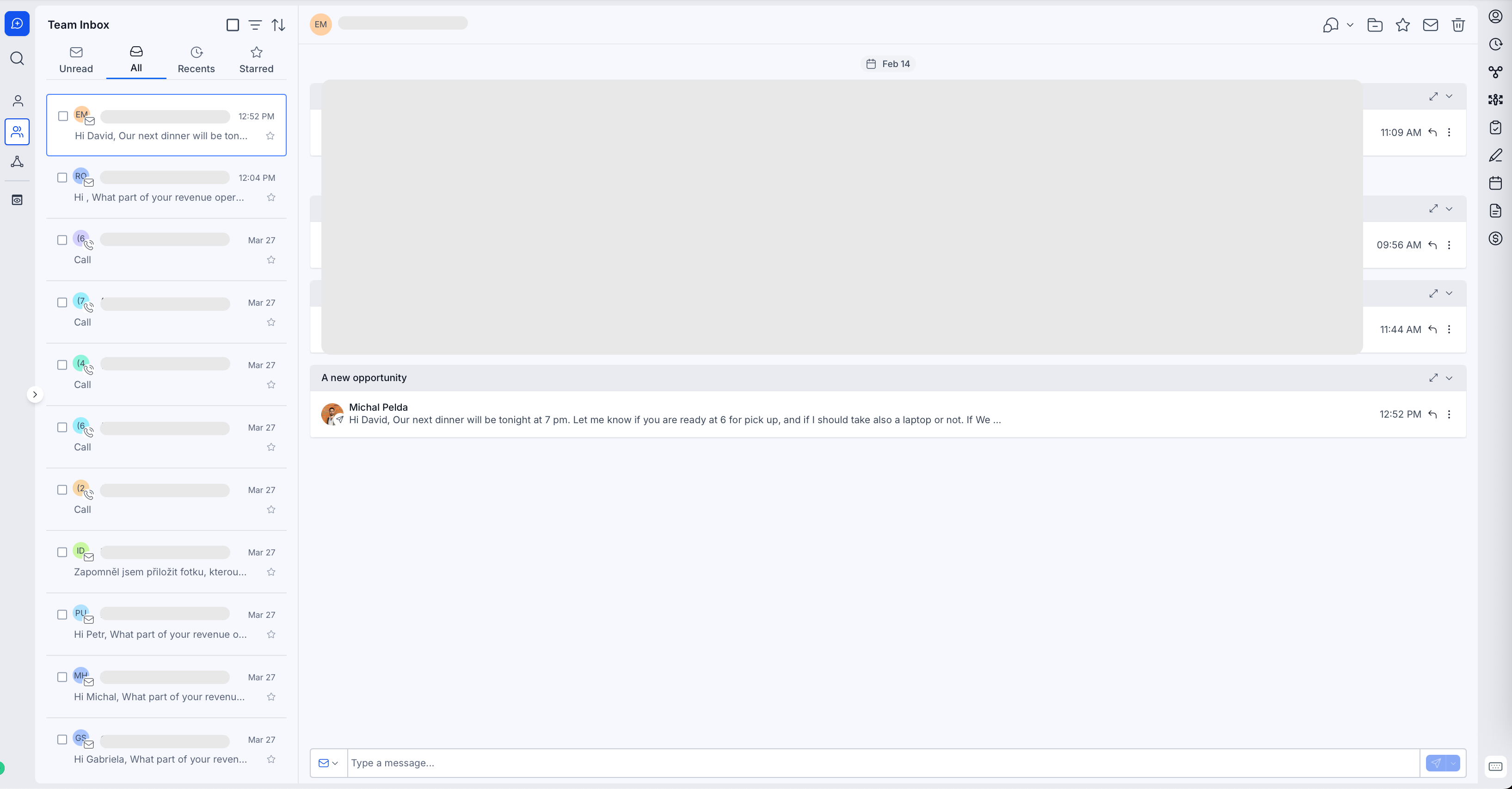 Email sales pipeline in action - CRM team inbox showing live B2B cold email outreach conversations with multiple prospects including replies and pipeline opportunity flagged
