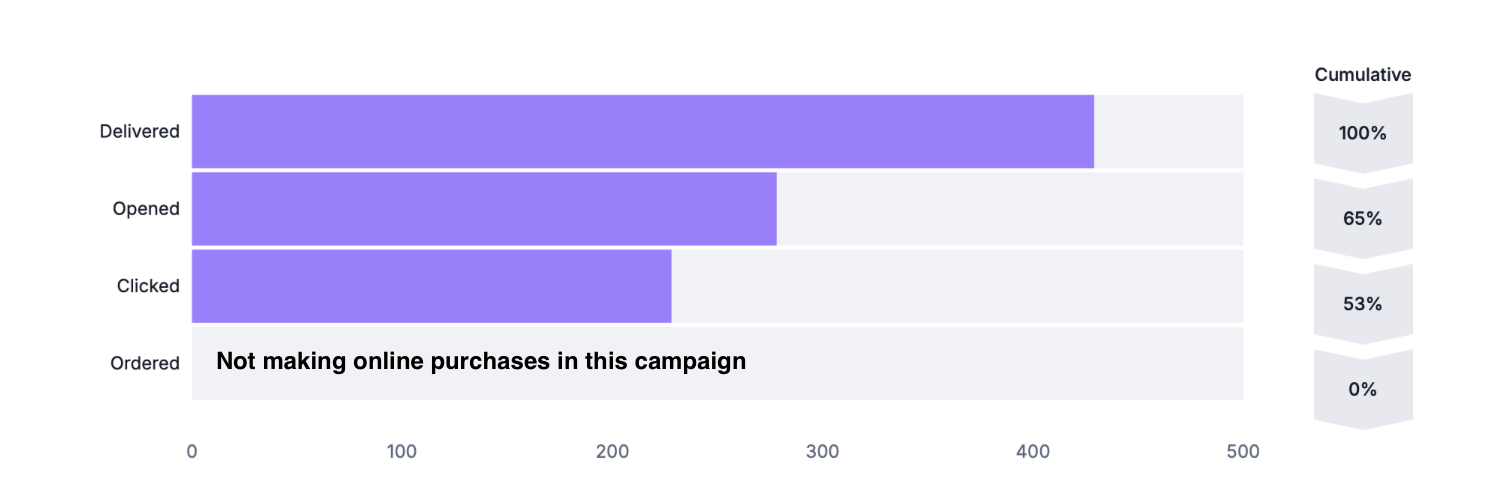 Workflow campaign analytics for B2B email campaign performance chart showing 100% delivery rate, 65% open rate, and 53% click rate across 429 delivered emails