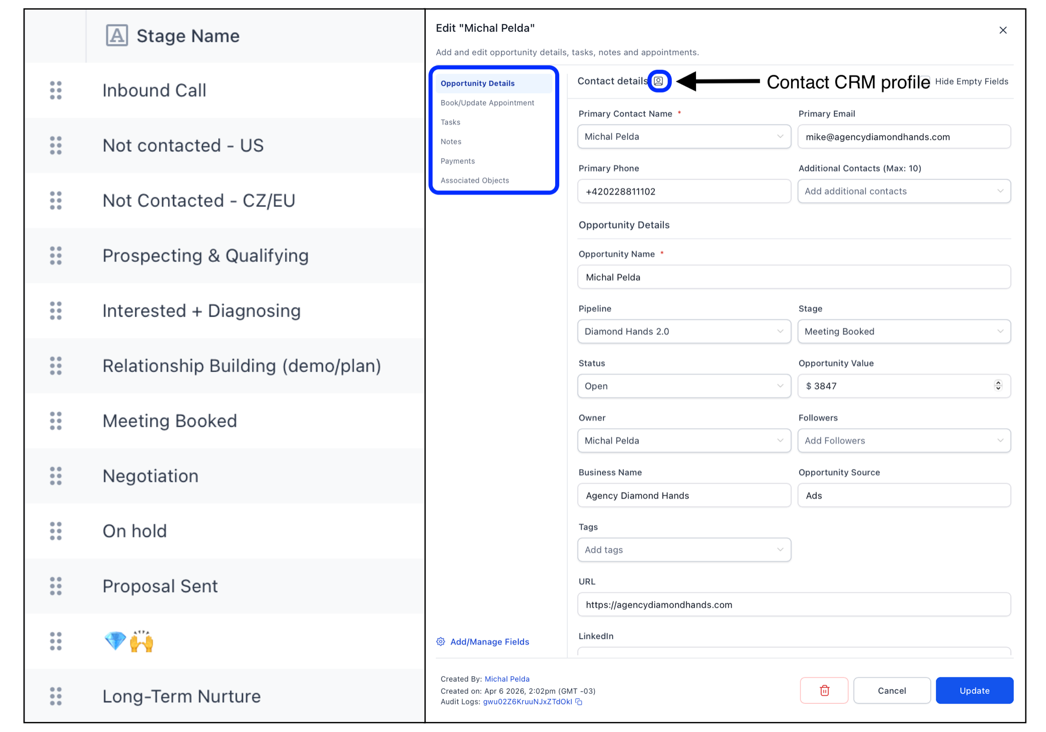 LeadConnector snippet showing pipeline stages, selected opportunity card with details and LeadConnector capabilities