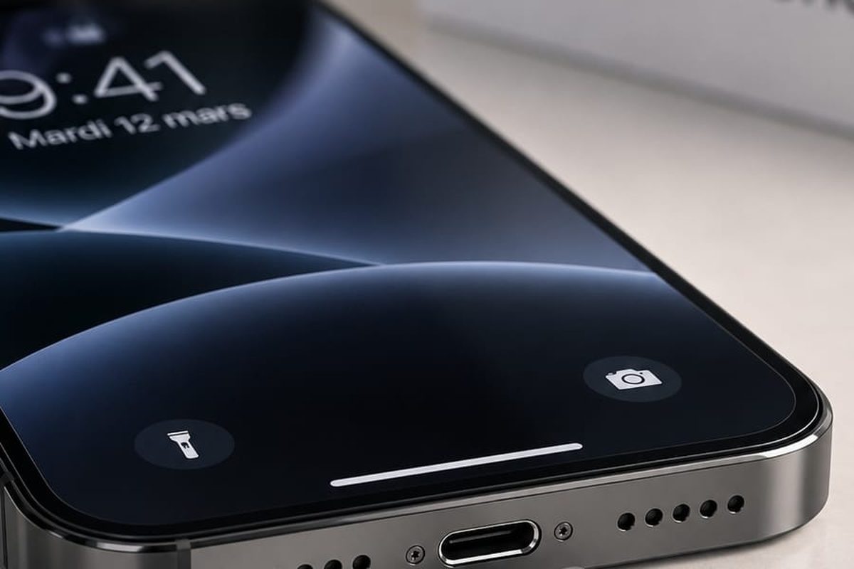 Connecteur de charge USB-C d’un iPhone, vue rapprochée