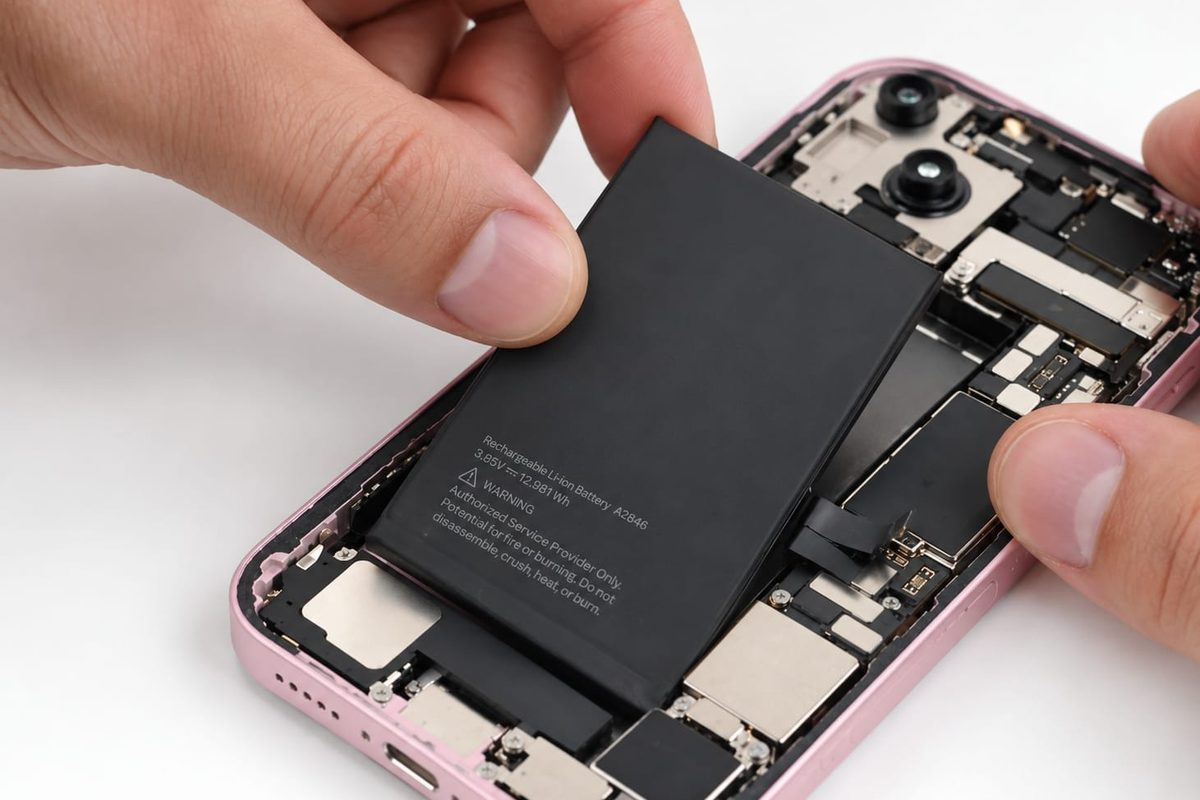 Batterie d’iPhone extraite de l’appareil ouvert pendant le remplacement