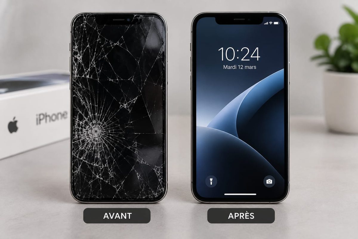Écran d’iPhone fissuré avant réparation et écran neuf après, côte à côte