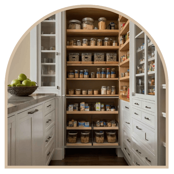 Beautifully organized pantry with labeled jars and custom shelving systems by Shannon's Organizing Solutions AZ