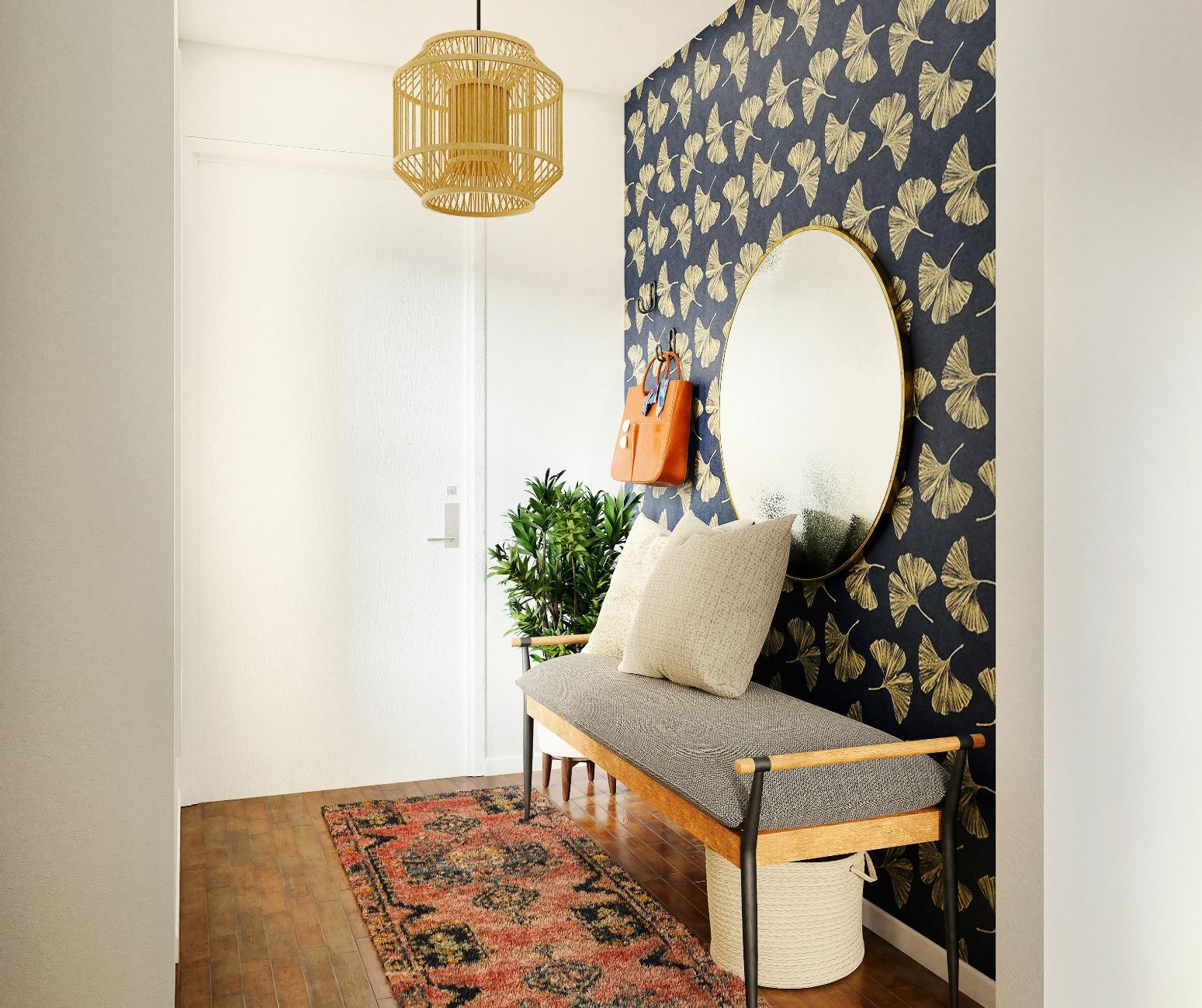 shannons-organizing-solutions-kingman-az-roi-of-organized-home-entryway-with-wallpaper-feature-wall-bench-round-mirror-elevated shannons-organizing-solutions-kingman-az-roi-of-organized-home-entryway-with-wallpaper-feature-wall-bench-round-mirror-elevated