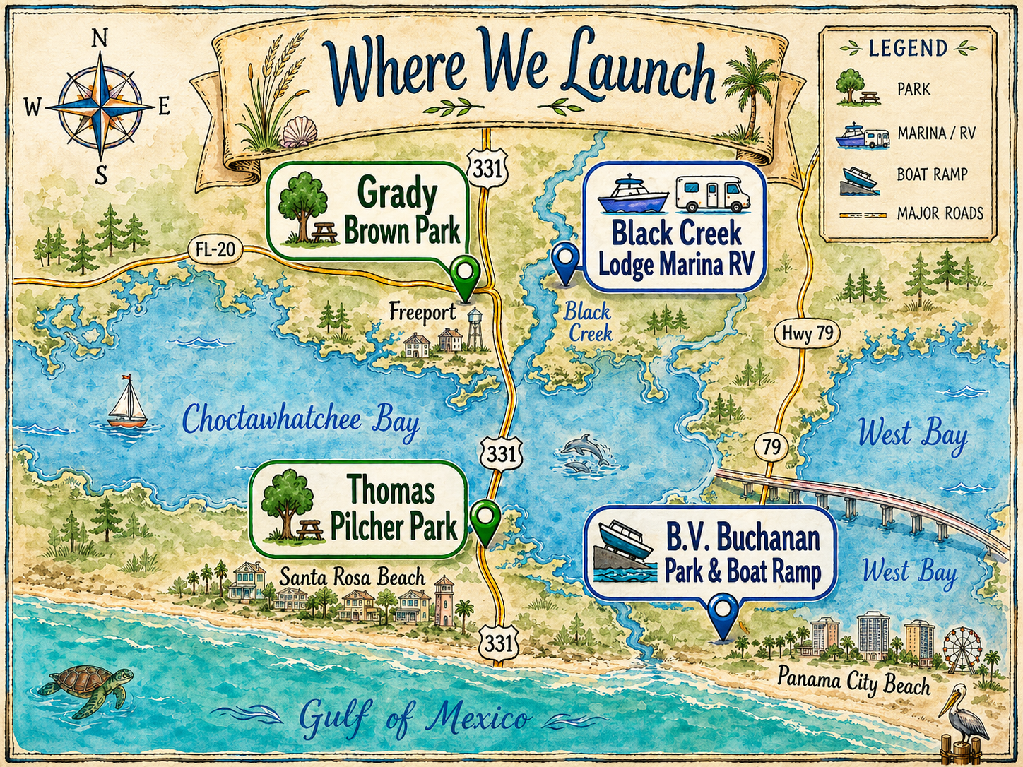 Map showing where Rising Son Expeditions fishes near Santa Rosa Beach