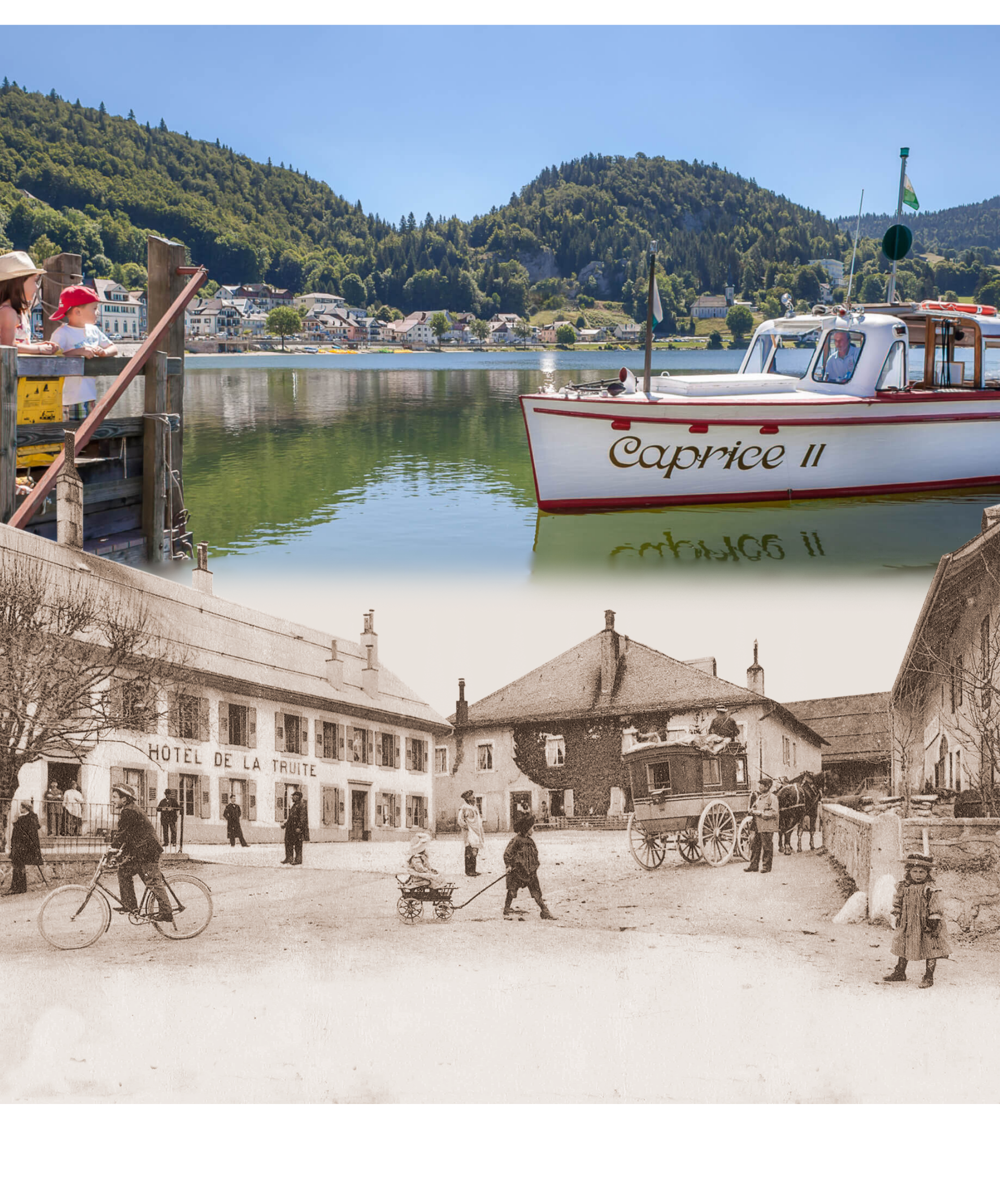 Historische Fotomontage des Hôtel de la Truite in Le Pont
