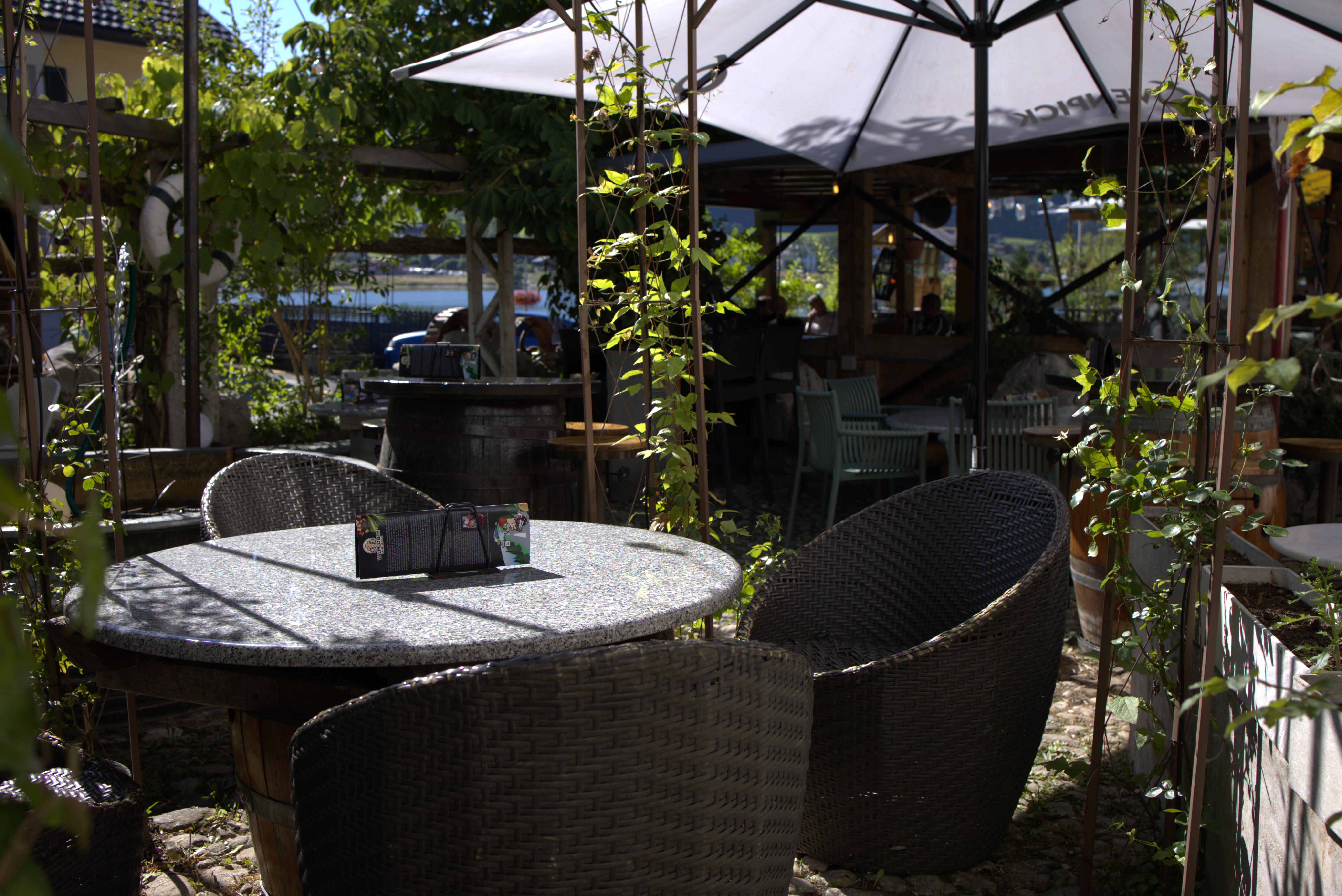 Terrasse ombragée du restaurant de la Truite avec vue sur le lac