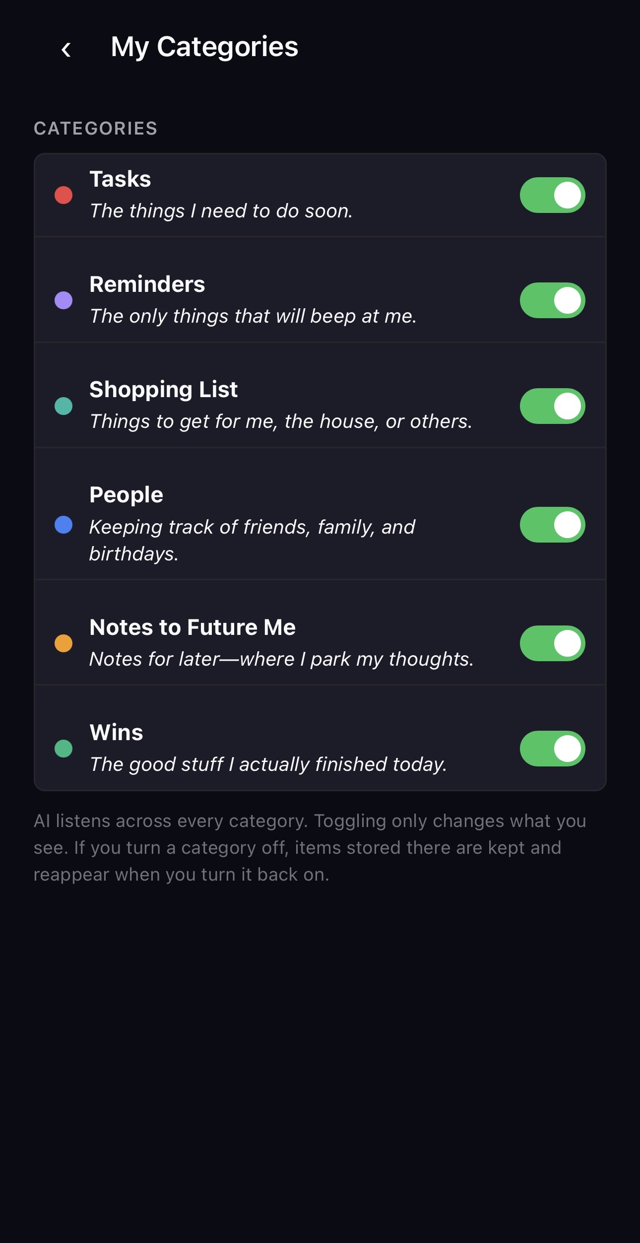 My One Button categories screen