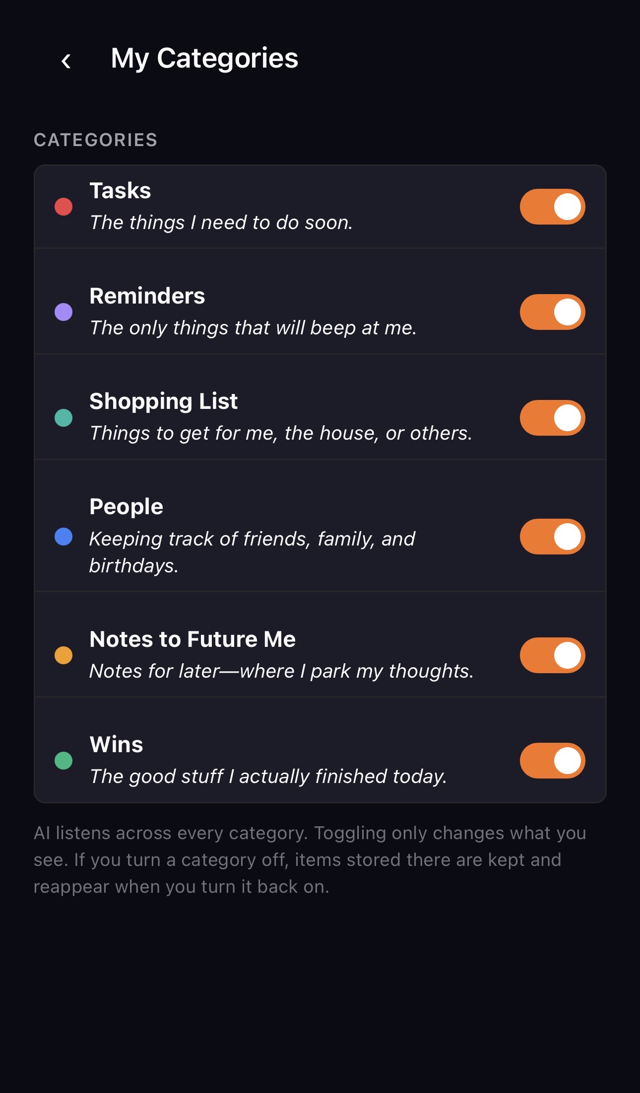 My One Button — My Categories settings screen