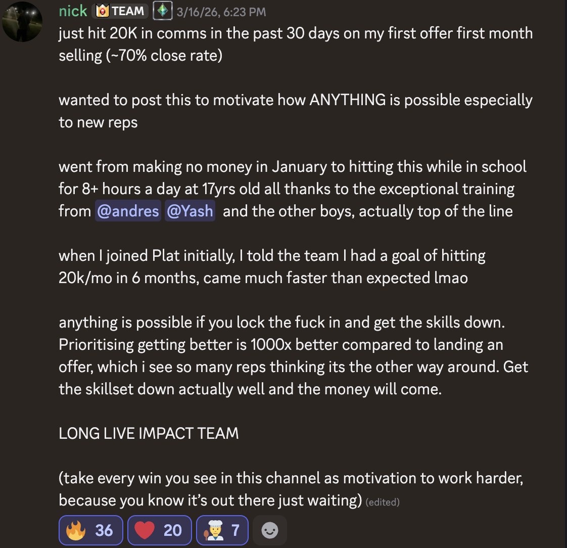 Nick — $20K first month, 70% close rate at 17