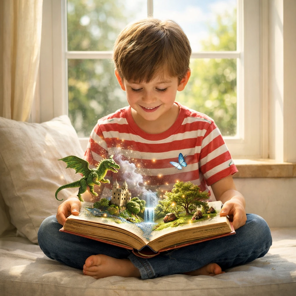 Child reading a living book near a sunny window