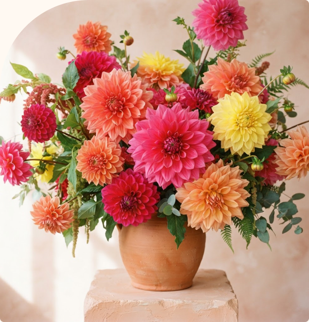 An abundant bouquet of pink, coral, orange, and yellow dahlias.