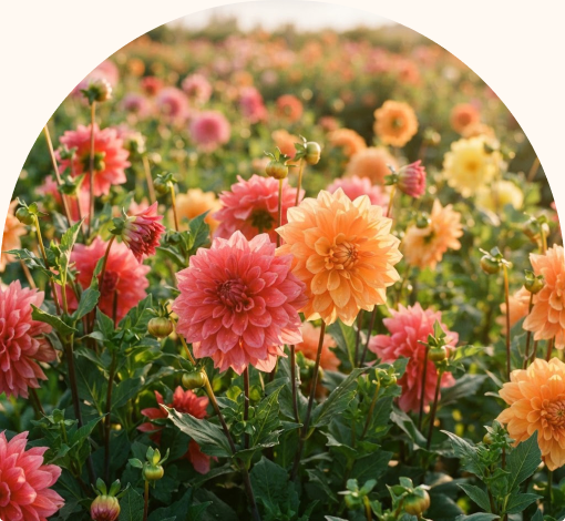 Pink, peach, and yellow dahlias growing in a sunlit flower garden.