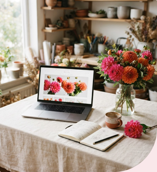 A laptop displaying a flower shop beside freshly arranged dahlias.