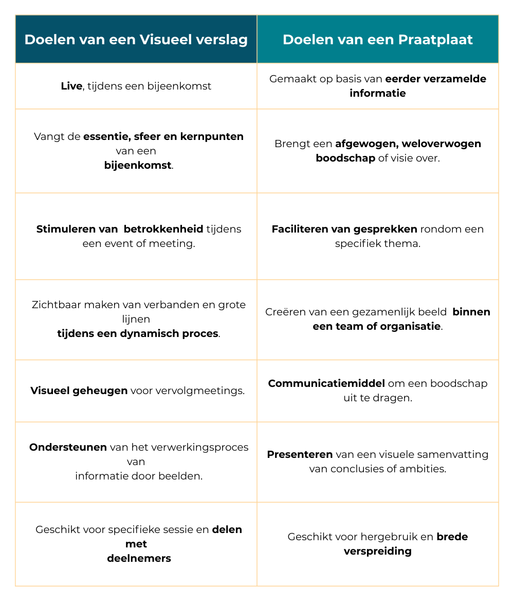 Doelen van een visueel verslag versus doelen van een praatplaat