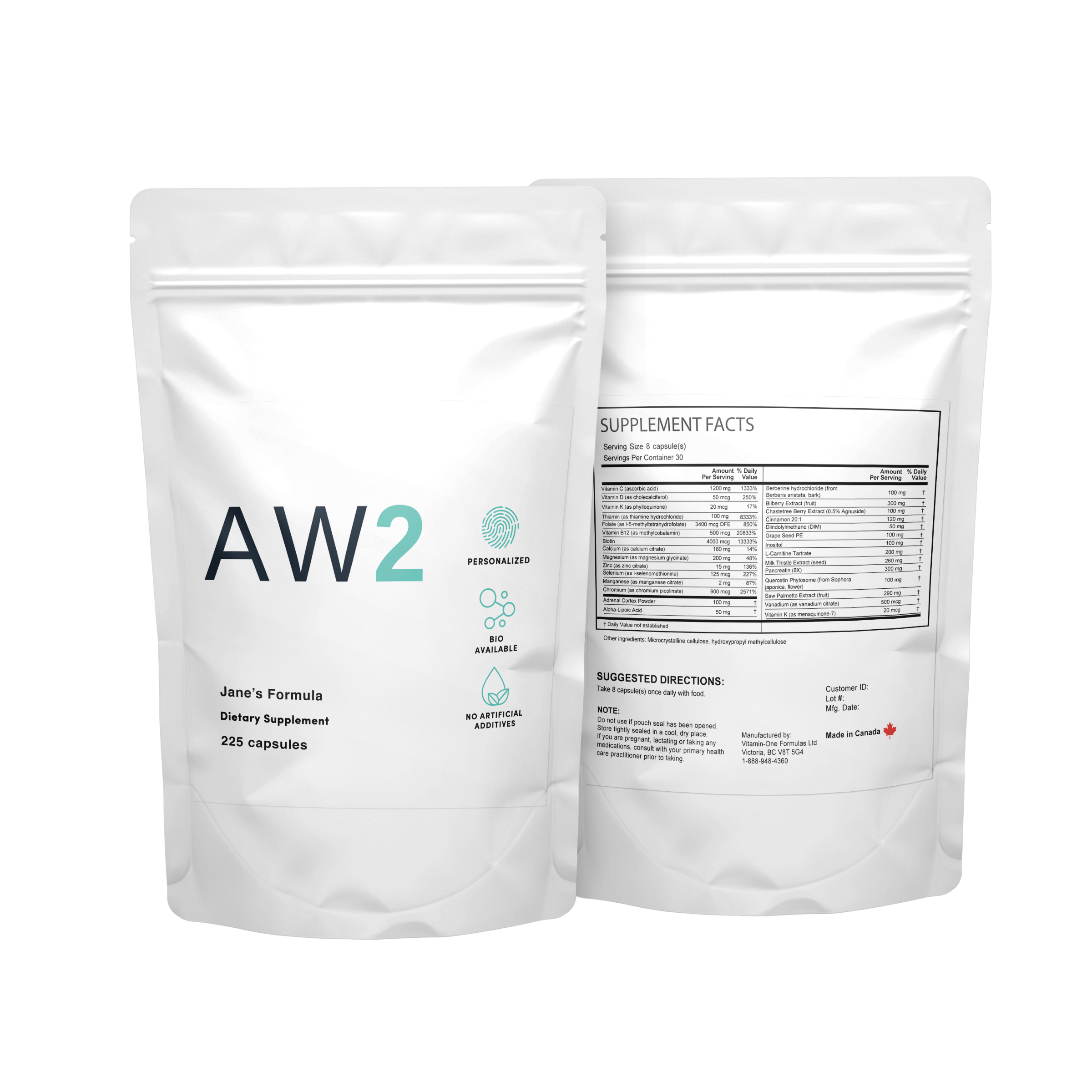 AW2 supplement pouch — front and back with supplement facts