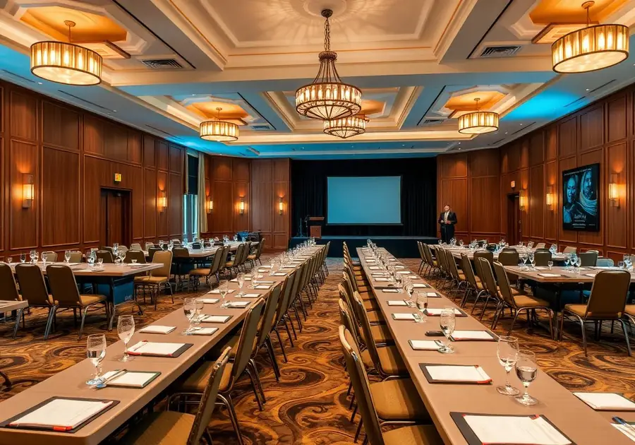 Mastermind hall with long tables facing a presentation screen