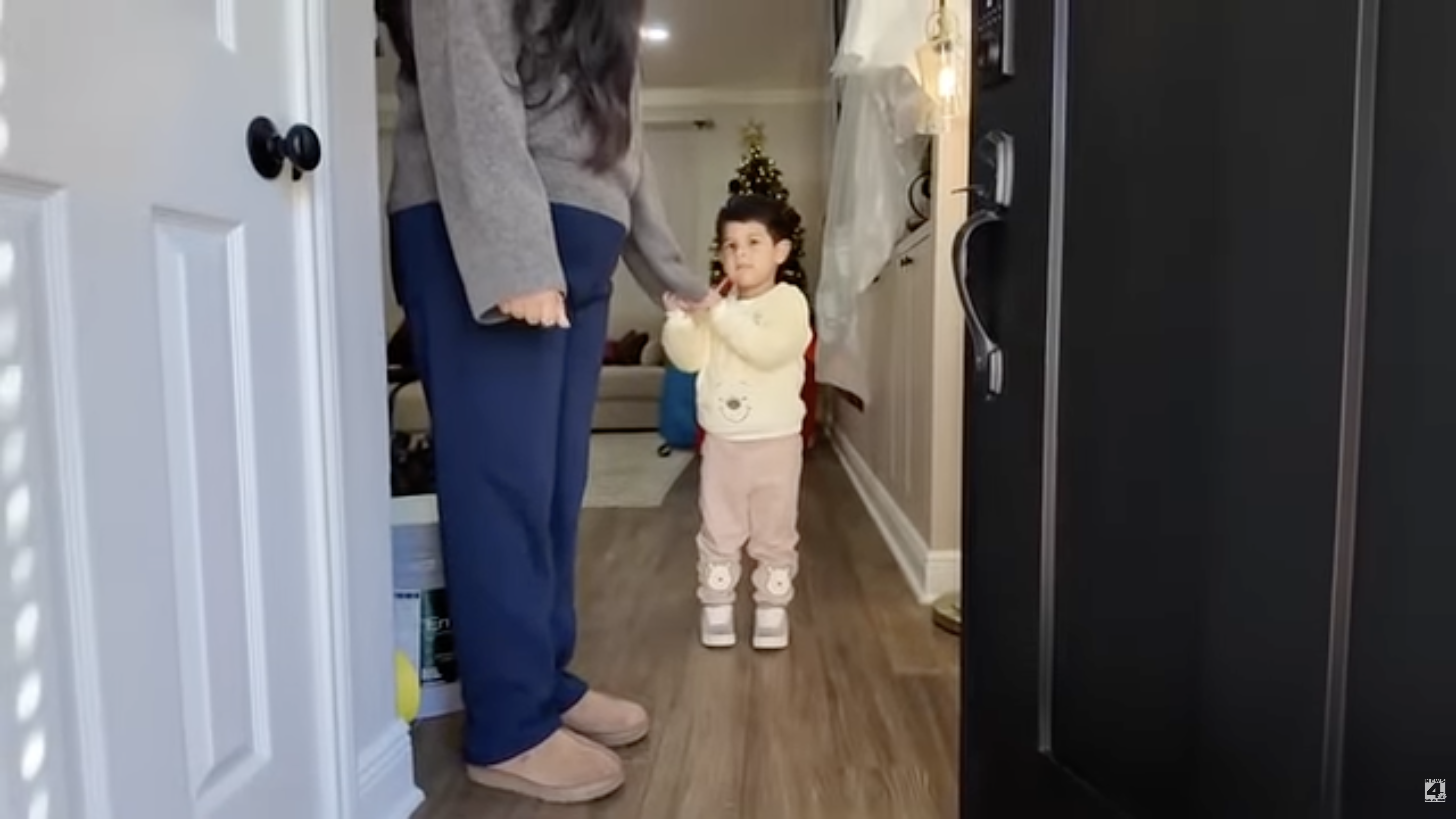 Mother standing at the front door with a young child moments before a dog attack, illustrating the importance of dog bite prevention and front door safety.