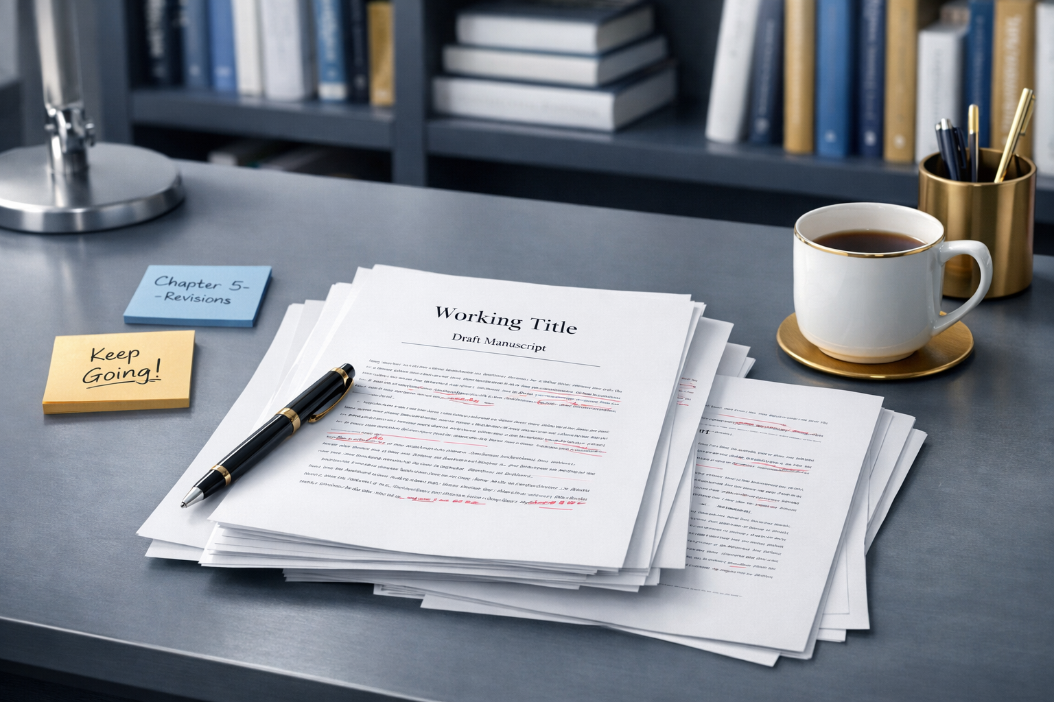 Draft manuscript pages beside a coffee cup on a desk