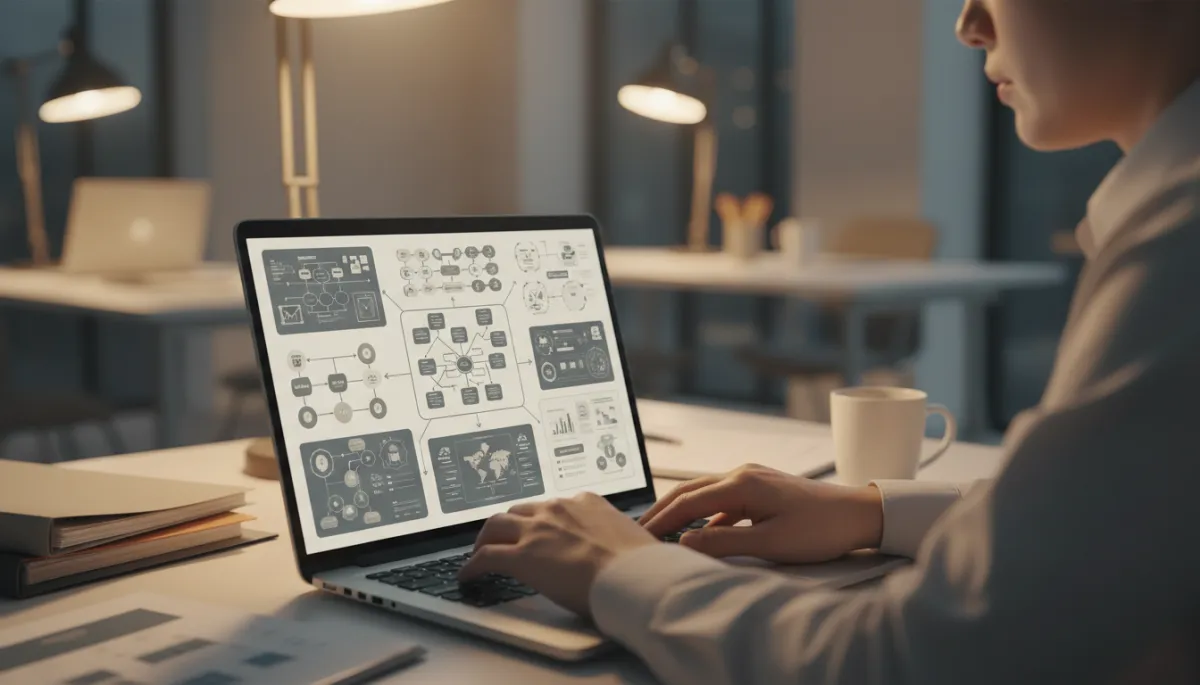 Consultant working on a complex presentation on a laptop. Consultant working on a complex presentation on a laptop.