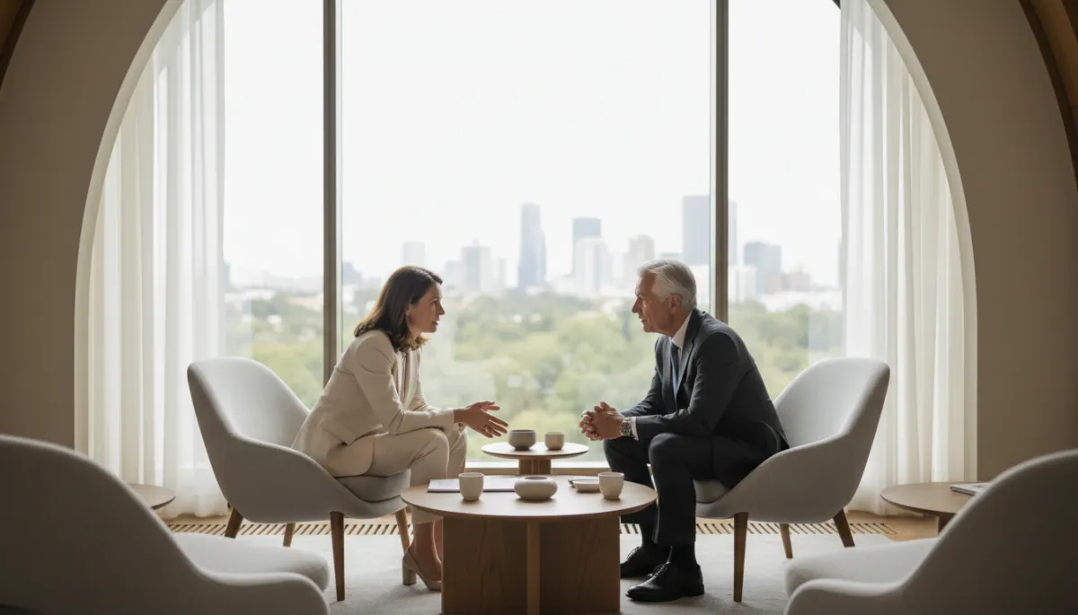 Coach and executive in a focused strategic conversation Coach and executive in a focused strategic conversation