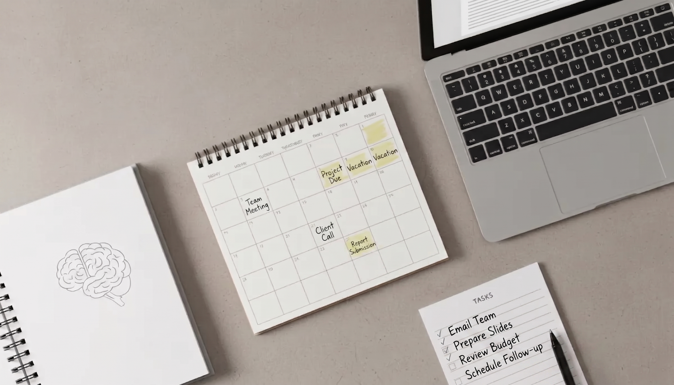 Overhead view of a desk calendar with deadlines and vacation days, a laptop, a brain-sketch notebook, and a task checklist. Overhead view of a desk calendar with deadlines and vacation days, a laptop, a brain-sketch notebook, and a task checklist.