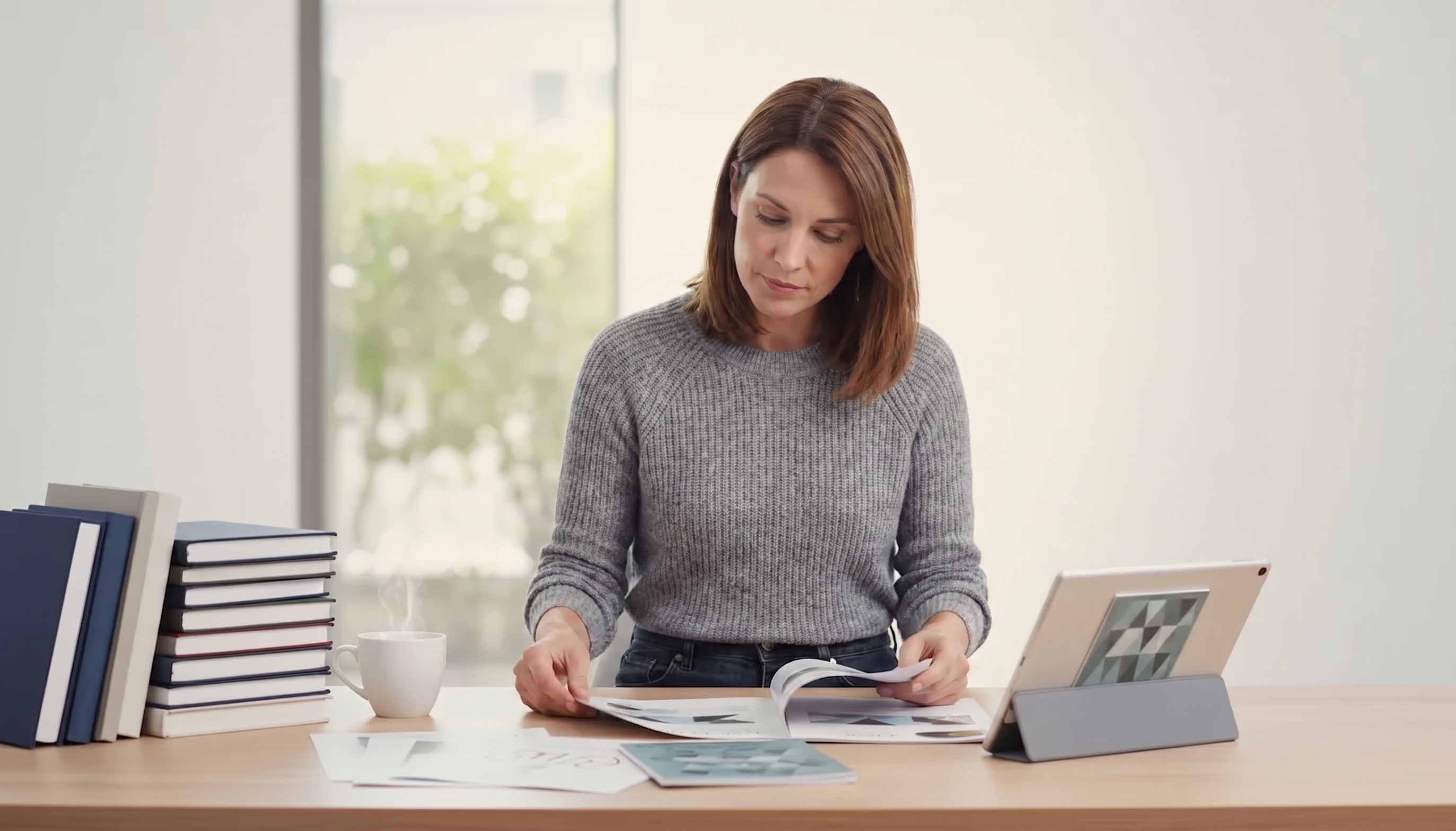 A coach reviews printed manuscript pages at a desk with stacked books, a coffee mug, and a digital tablet. A coach reviews printed manuscript pages at a desk with stacked books, a coffee mug, and a digital tablet.