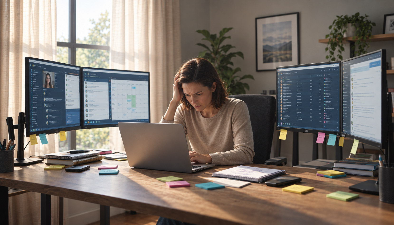 A woman sits overwhelmed at a desk surrounded by multiple monitors, a laptop and scattered sticky notes covered in different apps and dashboards. A woman sits overwhelmed at a desk surrounded by multiple monitors, a laptop and scattered sticky notes covered in different apps and dashboards.