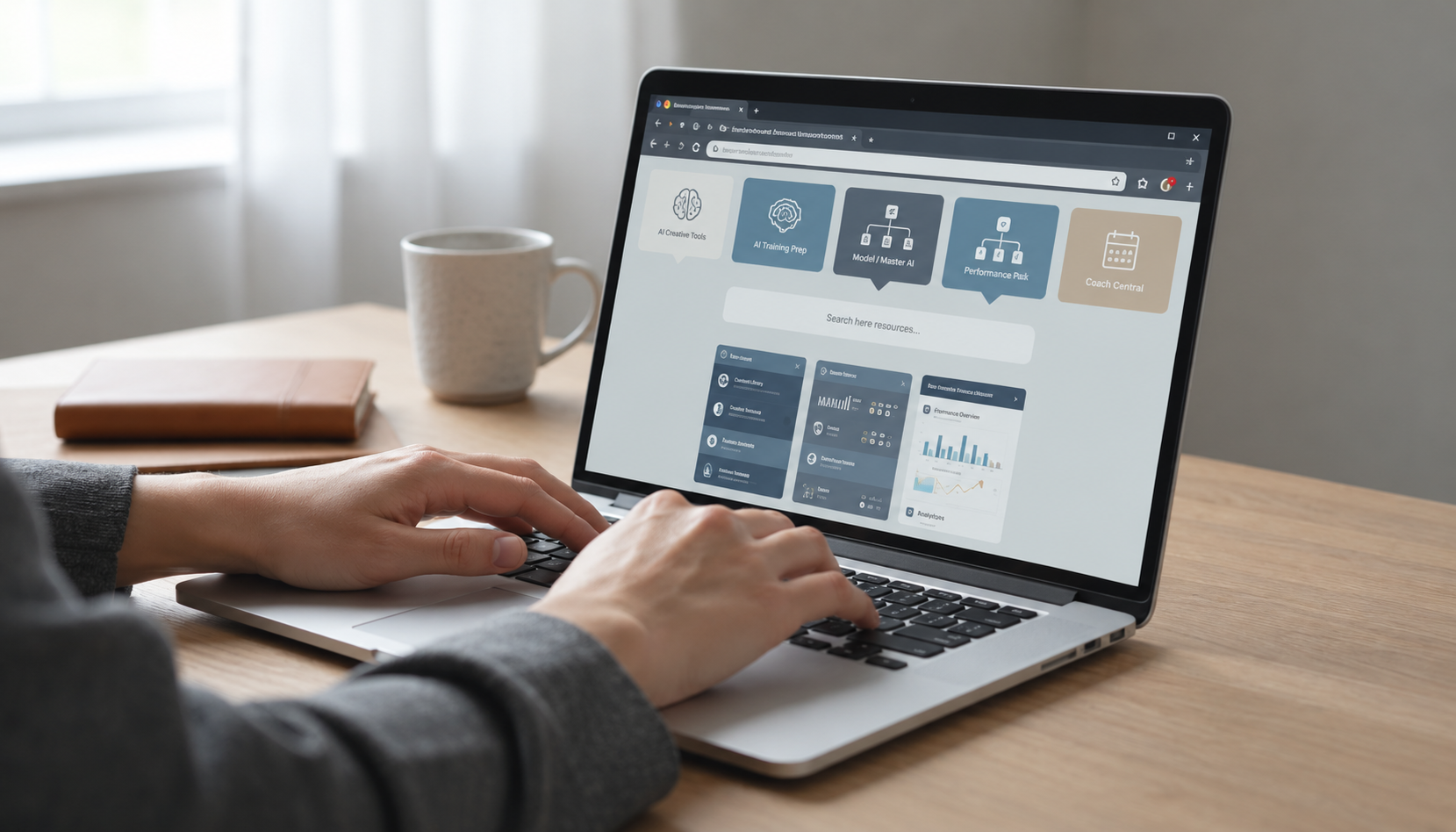 Hands typing on a laptop showing a dashboard with several separate app icons and tools open on screen. Hands typing on a laptop showing a dashboard with several separate app icons and tools open on screen.