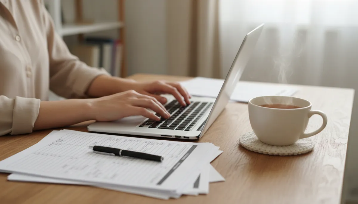 Person typing on a laptop at a wooden desk with printed notes, a pen and a cup of tea nearby.