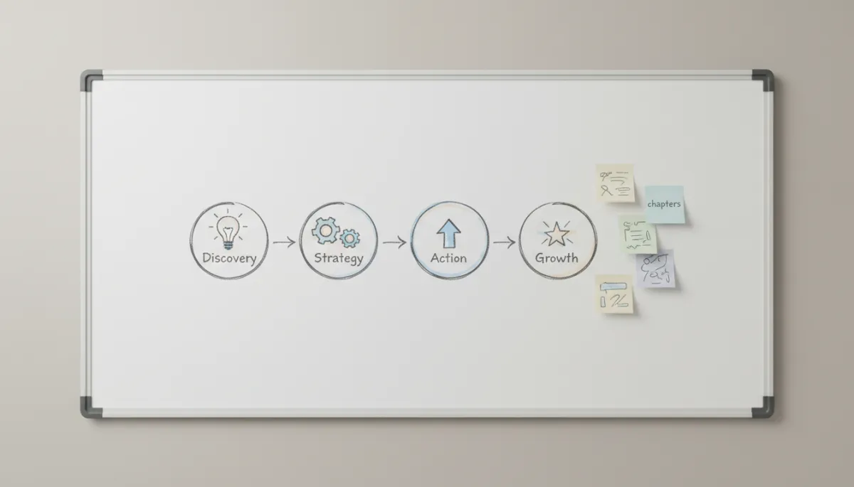 Whiteboard showing a coaching framework mapped into chapters