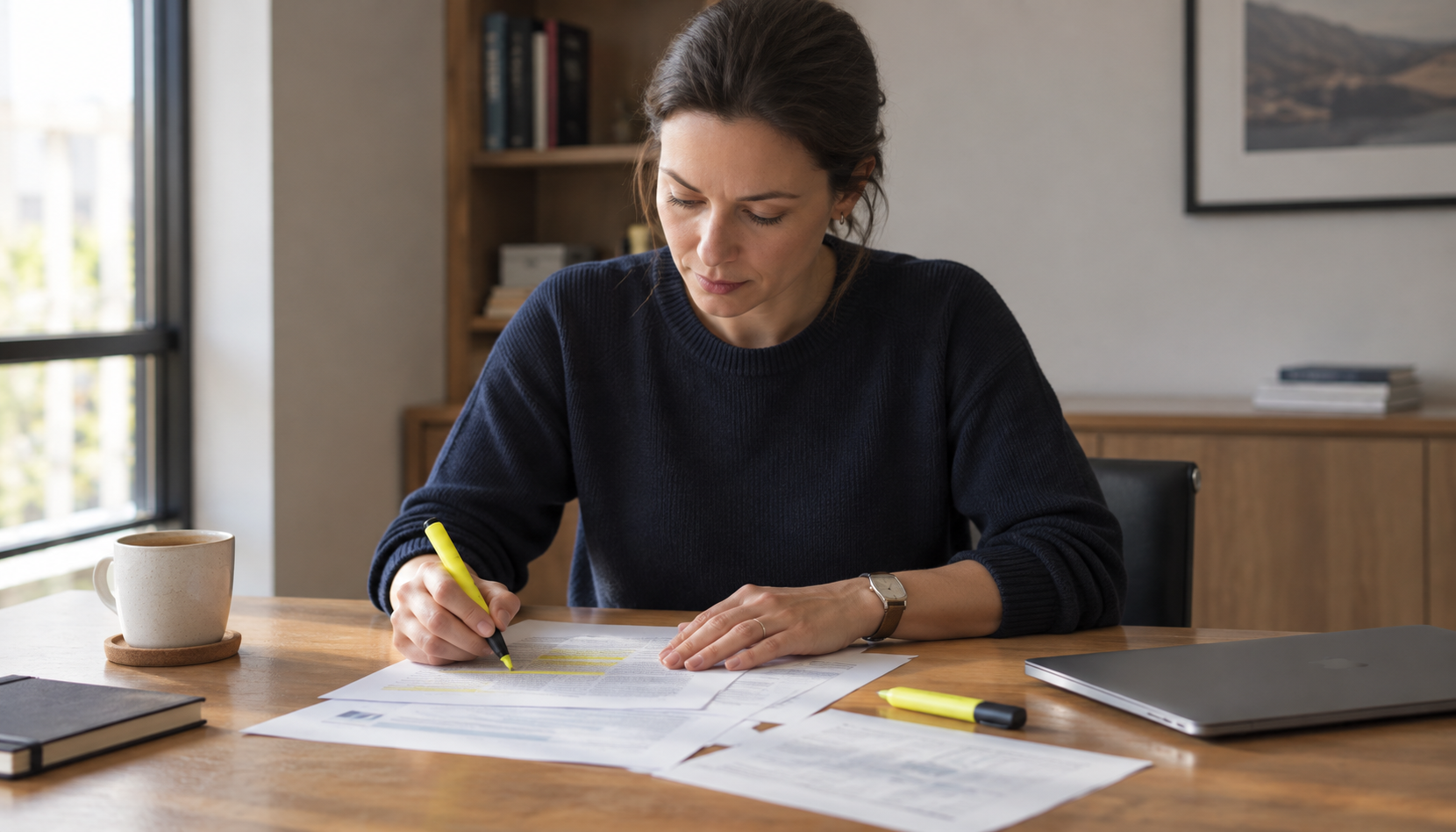Consultant reviews and highlights a written idea at a desk, using notes to clarify a potential book concept.
